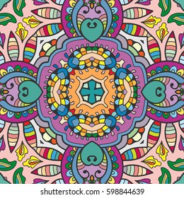 Decorative hand drawn seamless pattern. Colorful abstract art, stylized floral doodle background. Tribal ethnic ornate decoration. Arabic, indian, turkish ornament. Vector geometric repeating texture