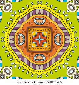 Decorative hand drawn seamless pattern. Colorful abstract art, stylized floral doodle background. Tribal ethnic ornate decoration. Arabic, indian, turkish ornament. Vector geometric repeating texture