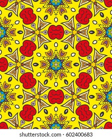 Decorative hand drawn seamless pattern. Colorful abstract art, stylized floral doodle background. Tribal ethnic ornate decoration. Arabic, indian, turkish ornament. Vector geometric repeating texture