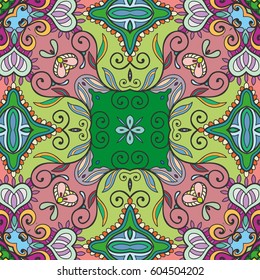 Decorative hand drawn seamless pattern. Colorful abstract art, stylized floral doodle background. Tribal ethnic ornate decoration. Arabic, indian, turkish ornament. Vector geometric repeating texture