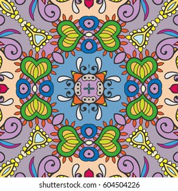 Decorative hand drawn seamless pattern. Colorful abstract art, stylized floral doodle background. Tribal ethnic ornate decoration. Arabic, indian, turkish ornament. Vector geometric repeating texture