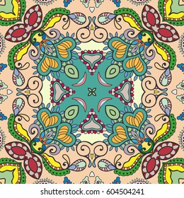 Decorative hand drawn seamless pattern. Colorful abstract art, stylized floral doodle background. Tribal ethnic ornate decoration. Arabic, indian, turkish ornament. Vector geometric repeating texture