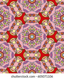Decorative hand drawn seamless pattern. Colorful abstract art, stylized floral doodle background. Tribal ethnic ornate decoration. Arabic, indian, turkish ornament. Vector geometric repeating texture