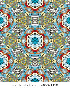 Decorative hand drawn seamless pattern. Colorful abstract art, stylized floral doodle background. Tribal ethnic ornate decoration. Arabic, indian, turkish ornament. Vector geometric repeating texture