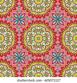 Decorative hand drawn seamless pattern. Colorful abstract art, stylized floral doodle background. Tribal ethnic ornate decoration. Arabic, indian, turkish ornament. Vector geometric repeating texture