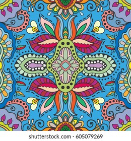 Decorative hand drawn seamless pattern. Colorful abstract art, stylized floral doodle background. Tribal ethnic ornate decoration. Arabic, indian, turkish ornament. Vector geometric repeating texture