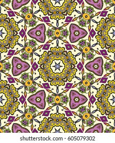 Decorative hand drawn seamless pattern. Colorful abstract art, stylized floral doodle background. Tribal ethnic ornate decoration. Arabic, indian, turkish ornament. Vector geometric repeating texture