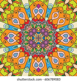 Decorative hand drawn seamless pattern. Colorful abstract art, stylized floral doodle background. Tribal ethnic ornate decoration. Arabic, indian, turkish ornament. Vector geometric repeating texture