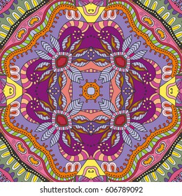 Decorative hand drawn seamless pattern. Colorful abstract art, stylized floral doodle background. Tribal ethnic ornate decoration. Arabic, indian, turkish ornament. Vector geometric repeating texture