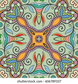 Decorative hand drawn seamless pattern. Colorful abstract art, stylized floral doodle background. Tribal ethnic ornate decoration. Arabic, indian, turkish ornament. Vector geometric repeating texture