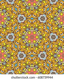 Decorative hand drawn seamless pattern. Colorful abstract art, stylized floral doodle background. Tribal ethnic ornate decoration. Arabic, indian, turkish ornament. Vector geometric repeating texture