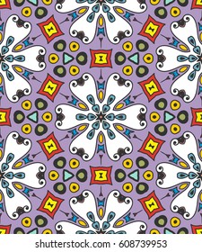 Decorative hand drawn seamless pattern. Colorful abstract art, stylized floral doodle background. Tribal ethnic ornate decoration. Arabic, indian, turkish ornament. Vector geometric repeating texture