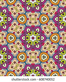 Decorative hand drawn seamless pattern. Colorful abstract art, stylized floral doodle background. Tribal ethnic ornate decoration. Arabic, indian, turkish ornament. Vector geometric repeating texture