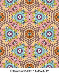 Decorative hand drawn seamless pattern. Colorful abstract art, stylized floral doodle background. Tribal ethnic ornate decoration. Arabic, indian, turkish ornament. Vector geometric repeating texture