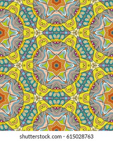 Decorative hand drawn seamless pattern. Colorful abstract art, stylized floral doodle background. Tribal ethnic ornate decoration. Arabic, indian, turkish ornament. Vector geometric repeating texture