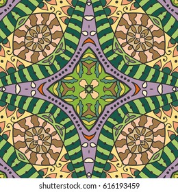Decorative hand drawn seamless pattern. Colorful abstract art, stylized floral doodle background. Tribal ethnic ornate decoration. Arabic, indian, turkish ornament. Vector geometric repeating texture