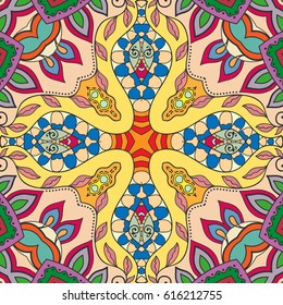 Decorative hand drawn seamless pattern. Colorful abstract art, stylized floral doodle background. Tribal ethnic ornate decoration. Arabic, indian, turkish ornament. Vector geometric repeating texture