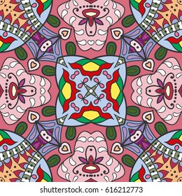 Decorative hand drawn seamless pattern. Colorful abstract art, stylized floral doodle background. Tribal ethnic ornate decoration. Arabic, indian, turkish ornament. Vector geometric repeating texture