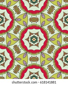 Decorative hand drawn seamless pattern. Colorful abstract art, stylized floral doodle background. Tribal ethnic ornate decoration. Arabic, indian, turkish ornament. Vector geometric repeating texture