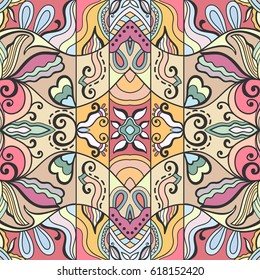 Decorative hand drawn seamless pattern. Colorful abstract art, stylized floral doodle background. Tribal ethnic ornate decoration. Arabic, indian, turkish ornament. Vector geometric repeating texture