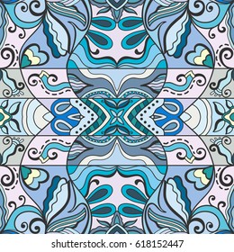 Decorative hand drawn seamless pattern. Colorful abstract art, stylized floral doodle background. Tribal ethnic ornate decoration. Arabic, indian, turkish ornament. Vector geometric repeating texture