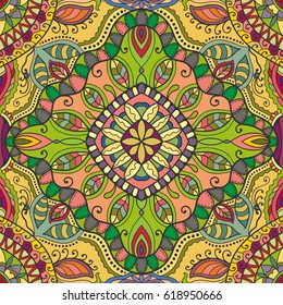 Decorative hand drawn seamless pattern. Colorful abstract art, stylized floral doodle background. Tribal ethnic ornate decoration. Arabic, indian, turkish ornament. Vector geometric repeating texture