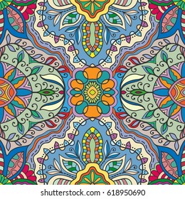 Decorative hand drawn seamless pattern. Colorful abstract art, stylized floral doodle background. Tribal ethnic ornate decoration. Arabic, indian, turkish ornament. Vector geometric repeating texture