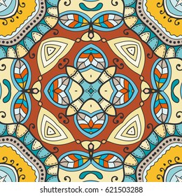 Decorative hand drawn seamless pattern. Colorful abstract art, stylized floral doodle background. Tribal ethnic ornate decoration. Arabic, indian, turkish ornament. Vector geometric repeating texture