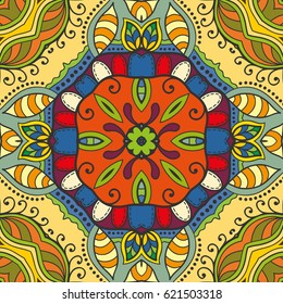Decorative hand drawn seamless pattern. Colorful abstract art, stylized floral doodle background. Tribal ethnic ornate decoration. Arabic, indian, turkish ornament. Vector geometric repeating texture