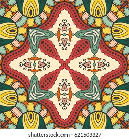Decorative hand drawn seamless pattern. Colorful abstract art, stylized floral doodle background. Tribal ethnic ornate decoration. Arabic, indian, turkish ornament. Vector geometric repeating texture