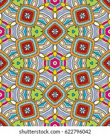 Decorative hand drawn seamless pattern. Colorful abstract art, stylized floral doodle background. Tribal ethnic ornate decoration. Arabic, indian, turkish ornament. Vector geometric repeating texture