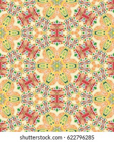 Decorative hand drawn seamless pattern. Colorful abstract art, stylized floral doodle background. Tribal ethnic ornate decoration. Arabic, indian, turkish ornament. Vector geometric repeating texture