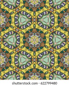 Decorative hand drawn seamless pattern. Colorful abstract art, stylized floral doodle background. Tribal ethnic ornate decoration. Arabic, indian, turkish ornament. Vector geometric repeating texture