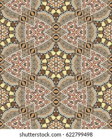 Decorative hand drawn seamless pattern. Colorful abstract art, stylized floral doodle background. Tribal ethnic ornate decoration. Arabic, indian, turkish ornament. Vector geometric repeating texture