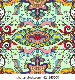 Decorative hand drawn seamless pattern. Colorful abstract art, stylized floral doodle background. Tribal ethnic ornate decoration. Arabic, indian, turkish ornament. Vector geometric repeating texture