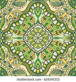 Decorative hand drawn seamless pattern. Colorful abstract art, stylized floral doodle background. Tribal ethnic ornate decoration. Arabic, indian, turkish ornament. Vector geometric repeating texture