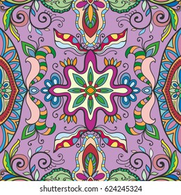 Decorative hand drawn seamless pattern. Colorful abstract art, stylized floral doodle background. Tribal ethnic ornate decoration. Arabic, indian, turkish ornament. Vector geometric repeating texture