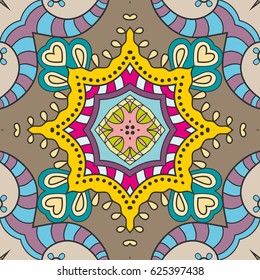 Decorative hand drawn seamless pattern. Colorful abstract art, stylized floral doodle background. Tribal ethnic ornate decoration. Arabic, indian, turkish ornament. Vector geometric repeating texture