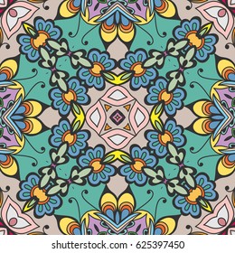 Decorative hand drawn seamless pattern. Colorful abstract art, stylized floral doodle background. Tribal ethnic ornate decoration. Arabic, indian, turkish ornament. Vector geometric repeating texture