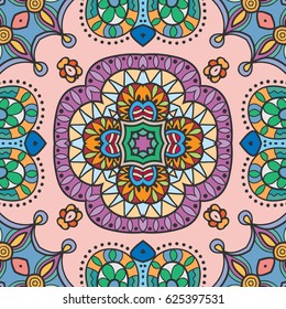Decorative hand drawn seamless pattern. Colorful abstract art, stylized floral doodle background. Tribal ethnic ornate decoration. Arabic, indian, turkish ornament. Vector geometric repeating texture