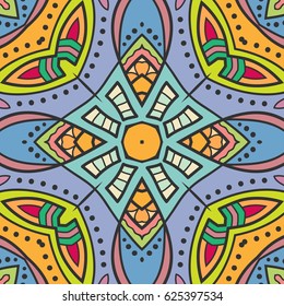 Decorative hand drawn seamless pattern. Colorful abstract art, stylized floral doodle background. Tribal ethnic ornate decoration. Arabic, indian, turkish ornament. Vector geometric repeating texture