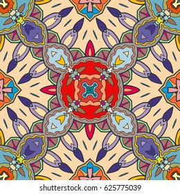 Decorative hand drawn seamless pattern. Colorful abstract art, stylized floral doodle background. Tribal ethnic ornate decoration. Arabic, indian, turkish ornament. Vector geometric repeating texture