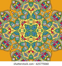 Decorative hand drawn seamless pattern. Colorful abstract art, stylized floral doodle background. Tribal ethnic ornate decoration. Arabic, indian, turkish ornament. Vector geometric repeating texture