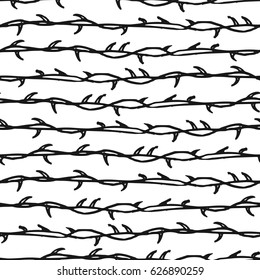 Decorative hand drawn seamless pattern. Endless ornament with black ink doodles on white backdrop. Hand painted stylish background for fabric, wrapping, packaging paper, wallpaper