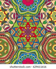 Decorative hand drawn seamless pattern. Colorful abstract art, stylized floral doodle background. Tribal ethnic ornate decoration. Arabic, indian, turkish ornament. Vector geometric repeating texture