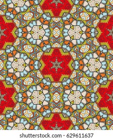 Decorative hand drawn seamless pattern. Colorful abstract art, stylized floral doodle background. Tribal ethnic ornate decoration. Arabic, indian, turkish ornament. Vector geometric repeating texture