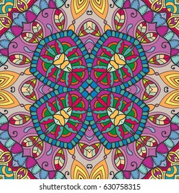 Decorative hand drawn seamless pattern. Colorful abstract art, stylized floral doodle background. Tribal ethnic ornate decoration. Arabic, indian, turkish ornament. Vector geometric repeating texture
