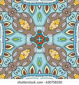 Decorative hand drawn seamless pattern. Colorful abstract art, stylized floral doodle background. Tribal ethnic ornate decoration. Arabic, indian, turkish ornament. Vector geometric repeating texture