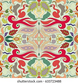 Decorative hand drawn seamless pattern. Colorful abstract art, stylized floral doodle background. Tribal ethnic ornate decoration. Arabic, indian, turkish ornament. Vector geometric repeating texture