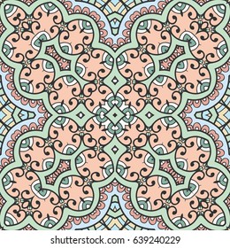 Decorative hand drawn seamless pattern. Colorful abstract art, stylized floral doodle background. Tribal ethnic ornate decoration. Arabic, indian, turkish ornament. Vector geometric repeating texture